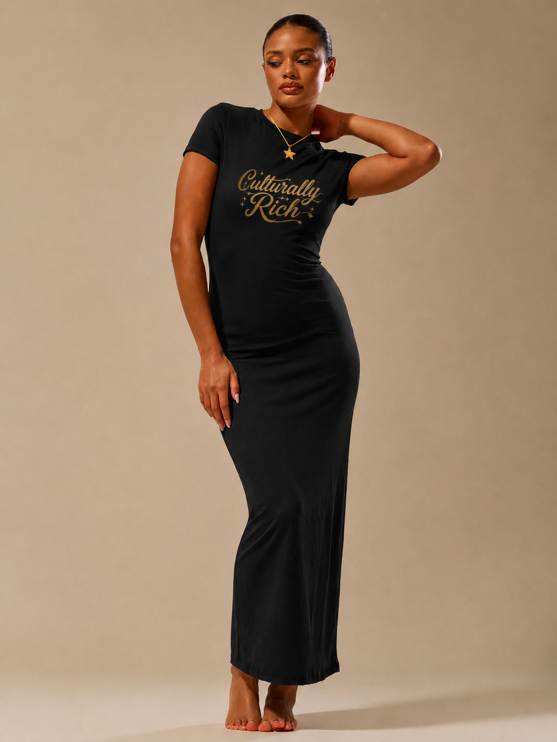 Culturally Rich Short Sleeve Black Maxi Dress